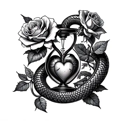 snake and roses wrapped around an hour glass with a human heart in it tattoo design idea