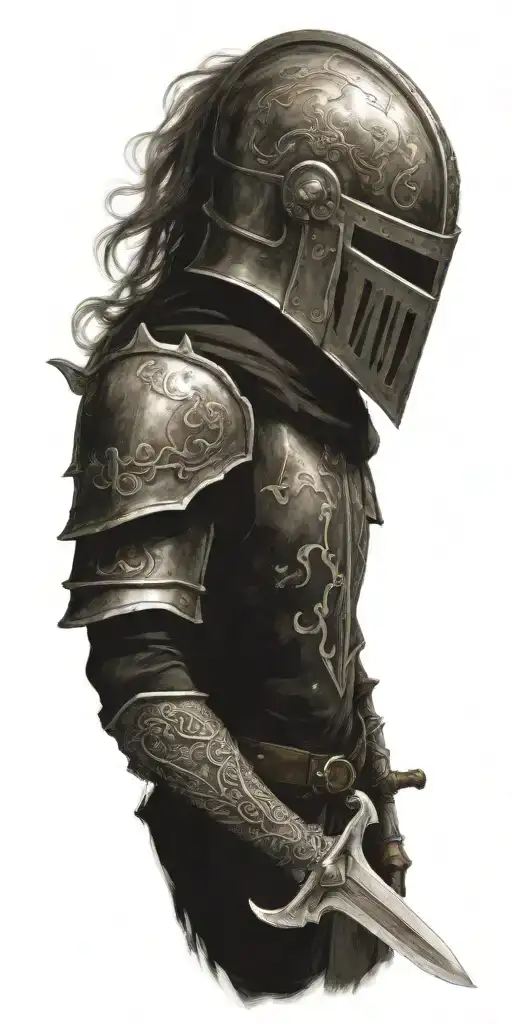 a knight holding burningsword, with a big landscape behind him, i want my grandpas birthdate on the helmet tattoo design idea