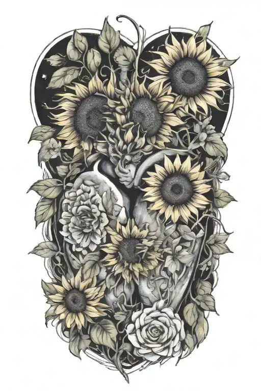 find someonw who grows flowers in the darkest parts of you, annotomically correct heart, garden, masculine, sunflowers tattoo design idea