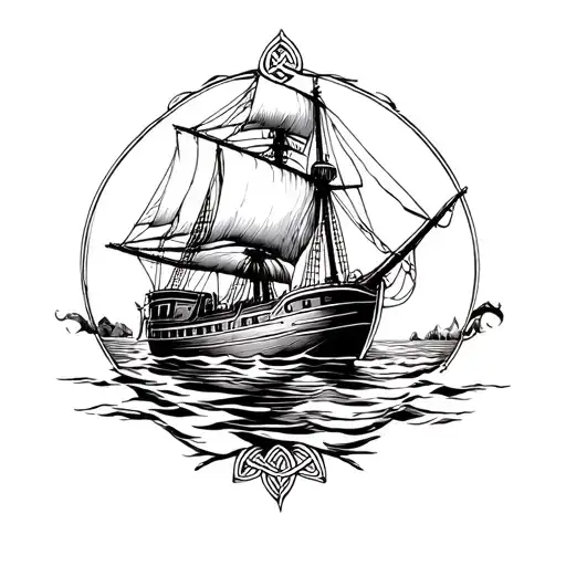 celtic knot style arm sleeve tattoo. a sailboat tattoo design idea