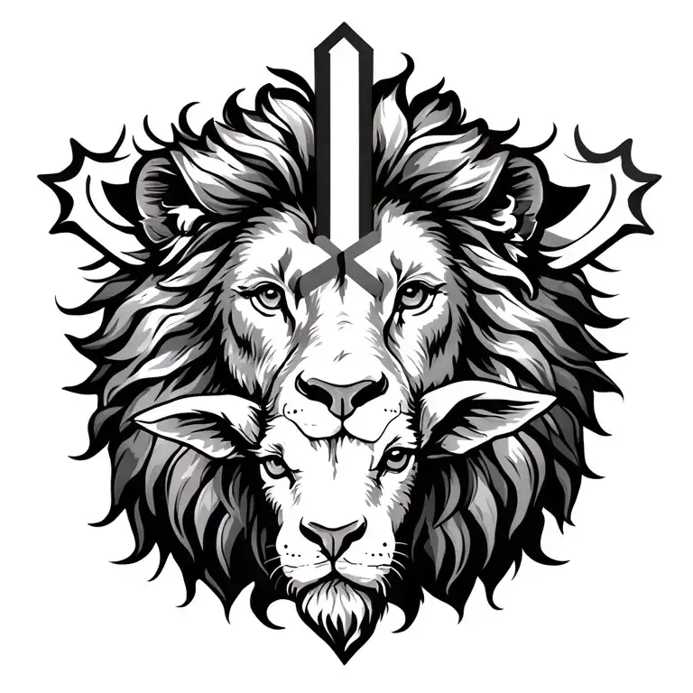lion with a lamb under it with a highlight cross  tattoo design idea