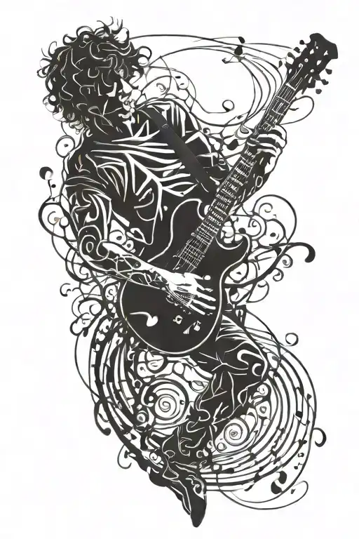 A silhouette of a guitar player in a dramatic pose, with musical notes swirling around them tattoo design idea