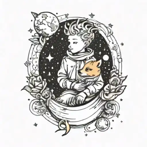 A whimsical design featuring The Little Prince character holding a rose and accompanied by a fox, set against a backdrop of stars and planets tattoo design idea