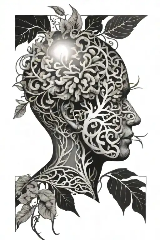 large foliage, sun and hidden behind an abstract brain that is fragmenting without a face tattoo design idea