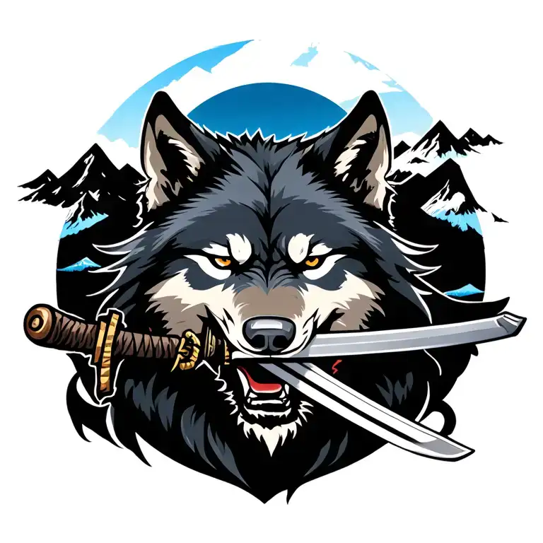 wolf with samurai sword in its mouth with mountains in the background  tattoo design idea