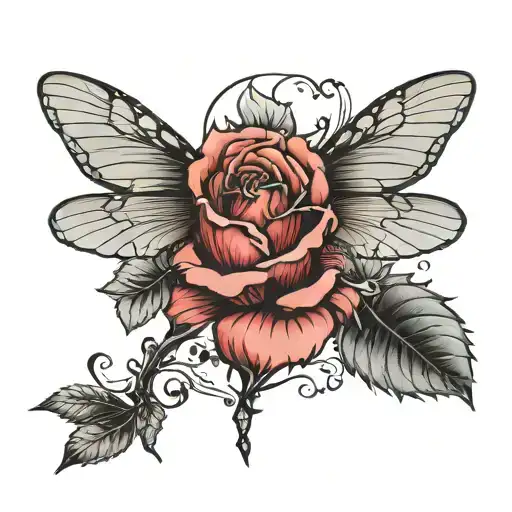 colored neo traditional rose with black and grey dragonfly  tattoo design idea