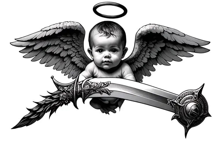 baby angel with a mighty sword and a halo and then lots of crazy things  tattoo design idea