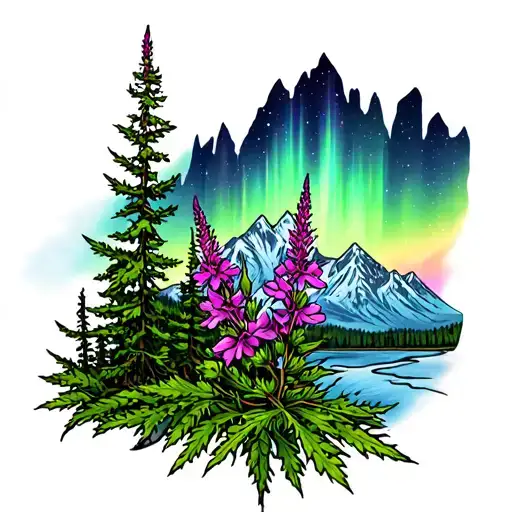 state of Alaska fireweed with Aurora borealis and mountains  tattoo design idea