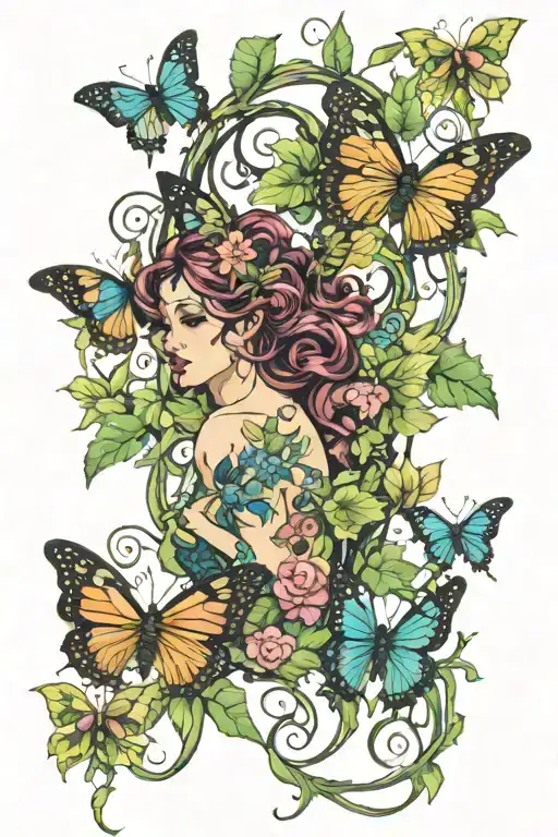 vines and butterflies and fairy tattoo design idea