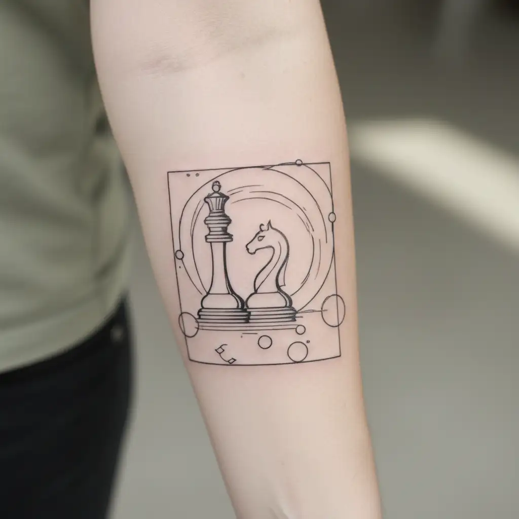 A minimalist tattoo design of a chess piece merging into a blackhole tattoo design idea