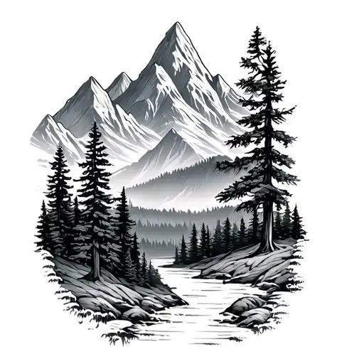 nature scene with forest and mountains. In the style of line art with elements connected with fine lines and thicker one tattoo design idea