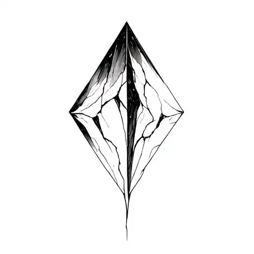 Black-ink tattoo of a jagged obsidian-like shard, minimal line art with cracks. Inside the shard are thin-line carvings  tattoo design idea