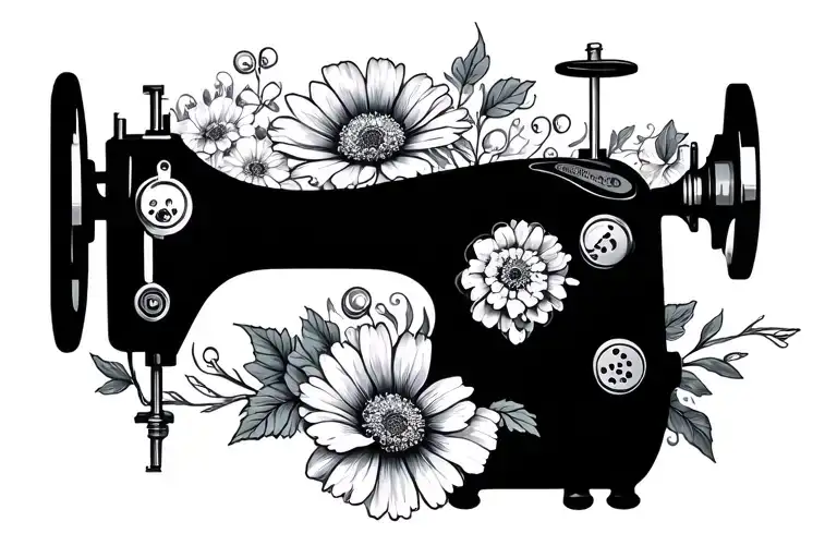 sewing machine with cosmos flower tattoo design idea