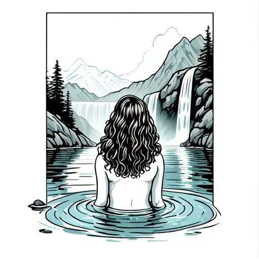 lady with long curly hair, sitting in a pool, facing a  waterfall, in a mountain setting on a cool day. fine line design tattoo design idea