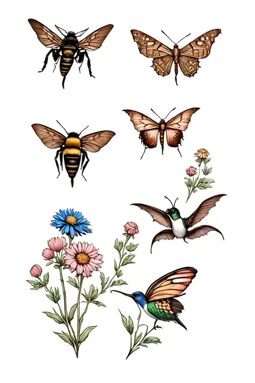 rusty patch bumblebee, hummingbird moth, swallowtail butterfly, brown bat, click beetle, & blue bird over wildflowers  tattoo design idea