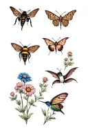 rusty patch bumblebee, hummingbird moth, swallowtail butterfly, brown bat, click beetle, & blue bird over wildflowers  tattoo design idea