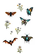 rusty patch bumblebee, hummingbird moth, swallowtail butterfly, brown bat, click beetle, & blue bird over wildflowers  tattoo design idea