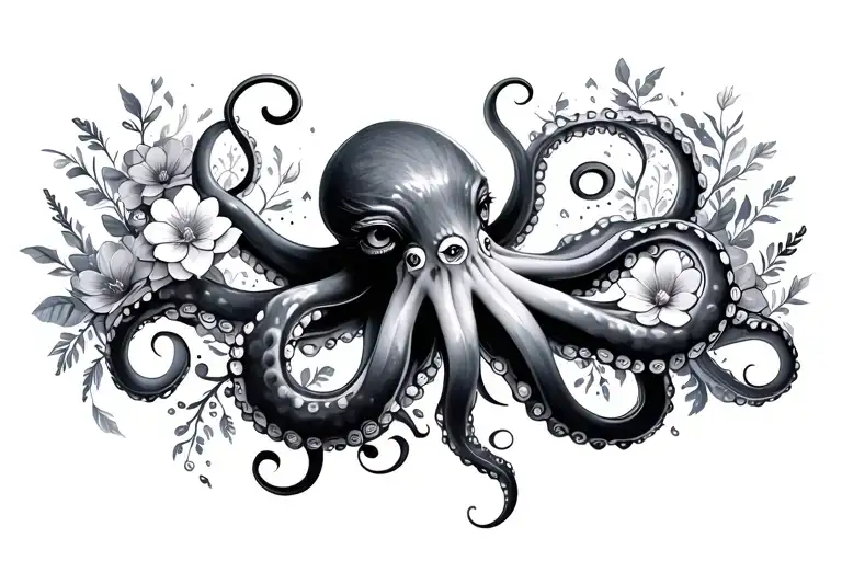 feminine octopus flowing tenticles with cascading flowers around her tattoo design idea