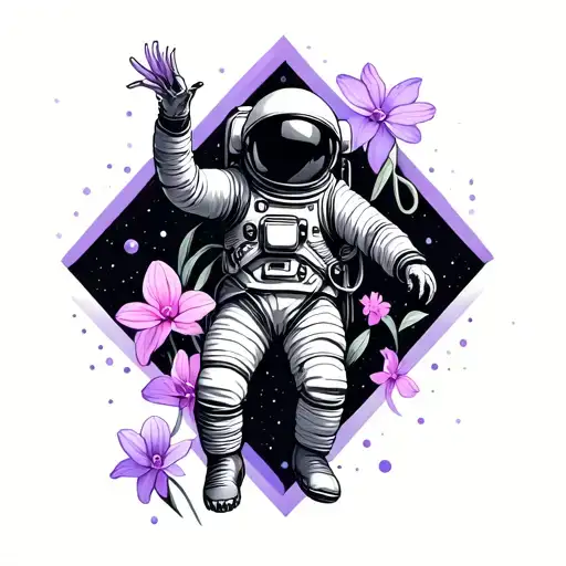 cosmonaut reaching in space with geometric shapes with purple cosmos and pink daffodils tattoo design idea