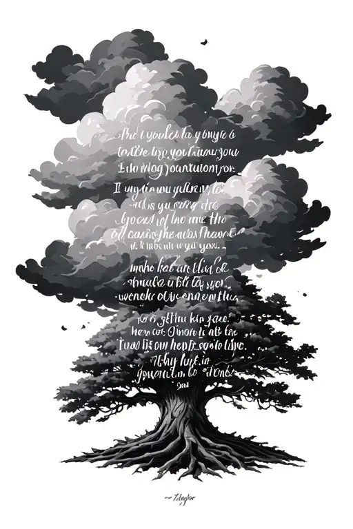 bible verse with clouds surrounding tree of knowledge tattoo design idea