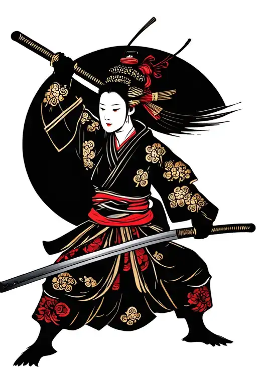 Samurai warrior wielding his sword geisha holding a katana tattoo design idea