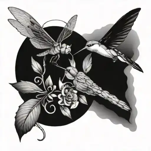 A dragonfly and hummingbird making a circle tattoo design idea