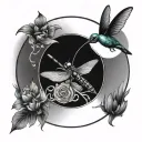 A dragonfly and hummingbird making a circle tattoo design idea