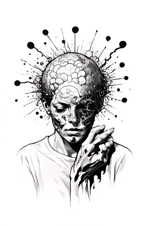 overthinking concept exploded head tattoo holding tattoo design idea