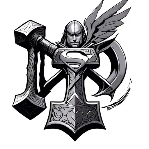 thor's hammer, superman, cardinal, peacemaker tattoo design idea