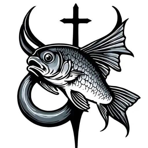 fish hook with cross tattoo design idea