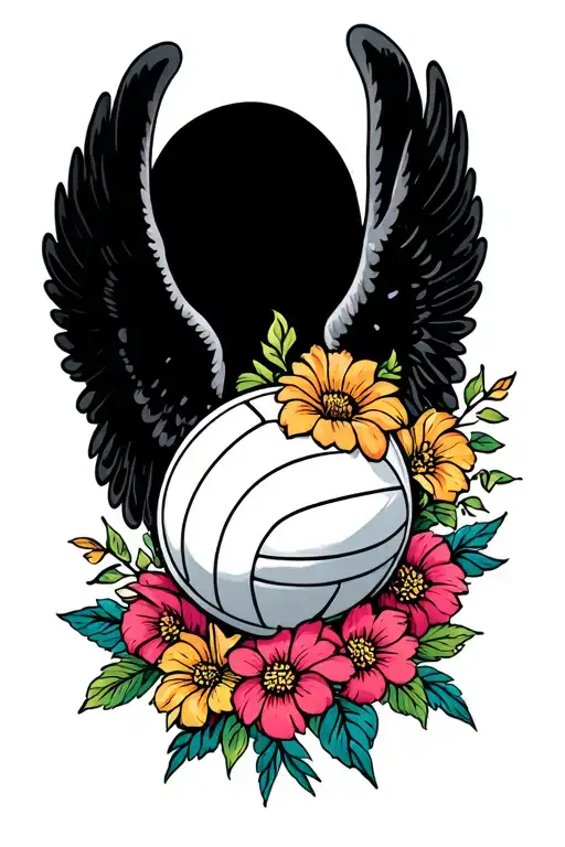 volleyball with flowers and angel wings tattoo design idea