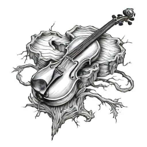 fiddle leaning on a stump with a cross tattoo design idea