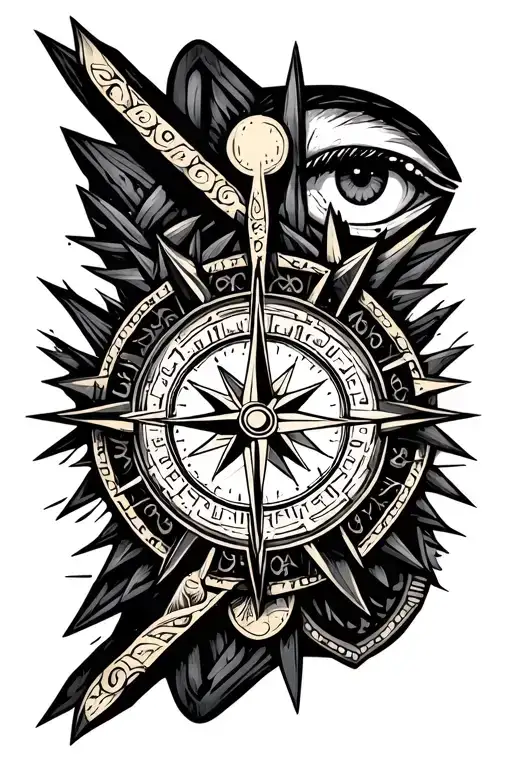 cross, compass, clock, Viking, eyes tattoo design idea