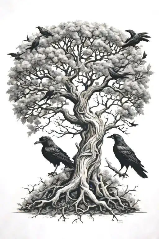 norse yggdrasil tree with ravens tattoo design idea