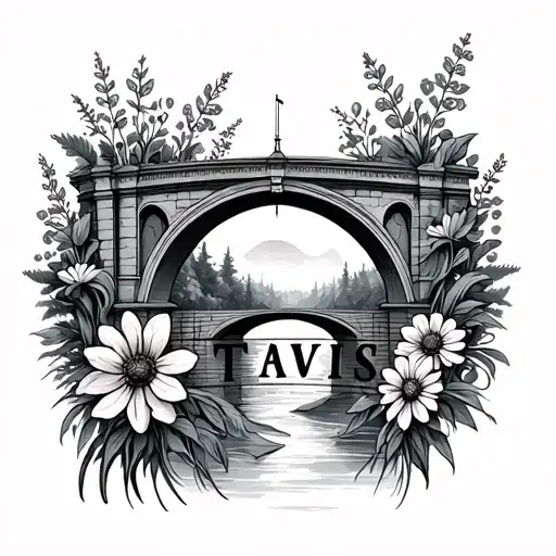 Arch Bridge with wildflowers intertwined with Travis name  tattoo design idea