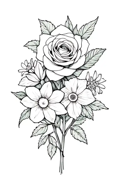 rose, daffodil, and larkspur flowers intertwined tattoo design idea