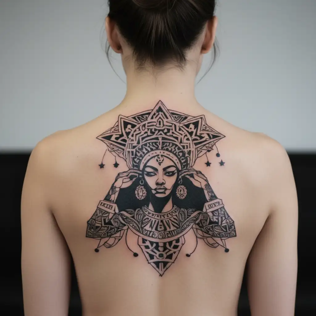 Beautifull African Woman Dancing Eyes Looking Forward  minimalism design tribal style stars around her head tattoo design idea