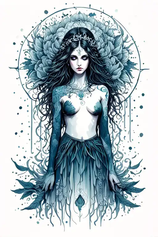 A solemn, mysterious sensual feminine figure—guardian of forgotten places and memories. She embodies sorrow, stillness, tattoo design idea