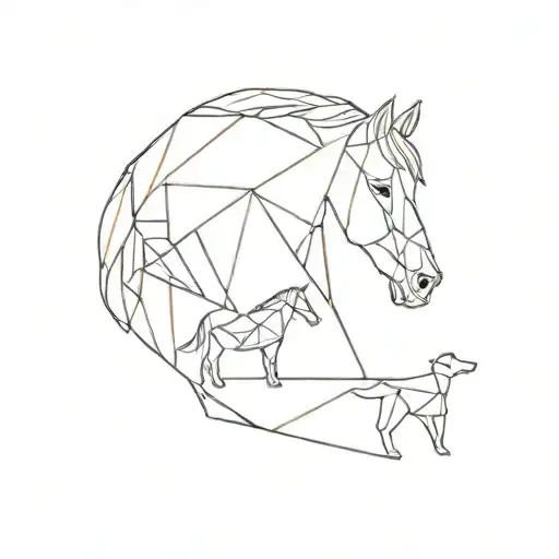 A minimalist design of a horse, dog, and cat in a geometric pattern symbolizing the interconnectedness of nature and animals tattoo design idea