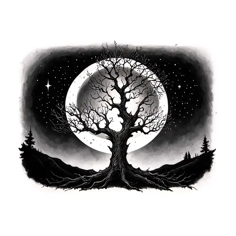 I want a tattoo that is a poison tree. But it is magical feeling, moons and stars. line mostly, and mainly a bare tree tattoo design idea