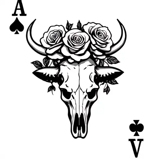 aces playing card and bull skull with roses tattoo design idea