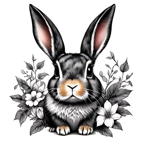 bunny cameo black work setup surrounded tattoo design idea