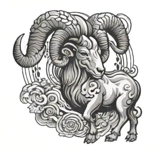 Aries ram with fire Japanese symbol incorporated within tattoo design idea