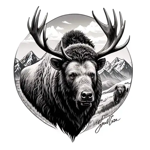 grand teton, with elk, grizzly and Bison tattoo design idea