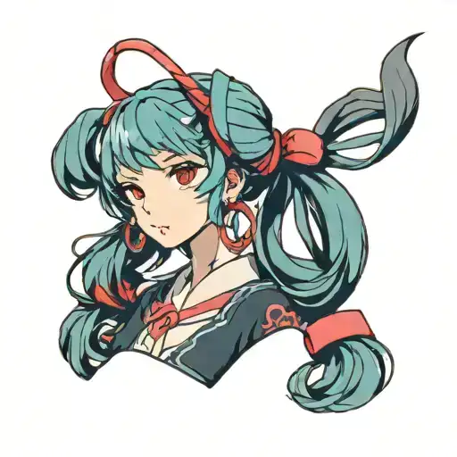 Miku Hatsune, aqua hair, aqua eyes, twintails, square hair ornament (color: black with red line) tattoo design idea