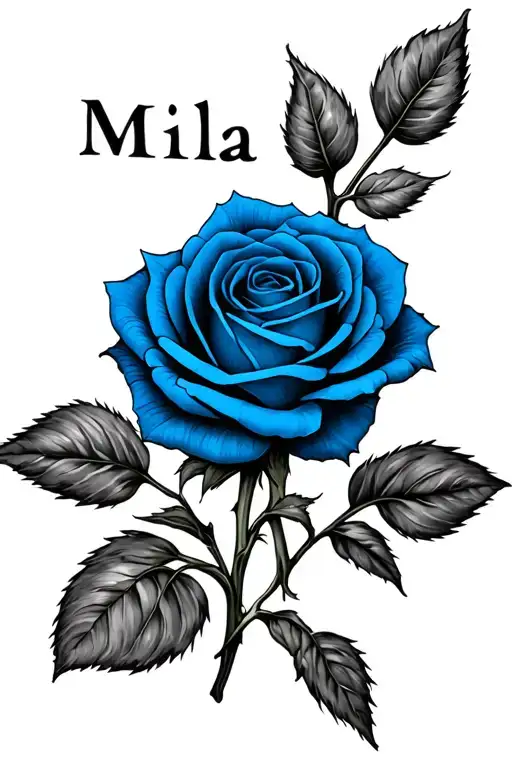 blue rose with word Mila as stem  tattoo design idea