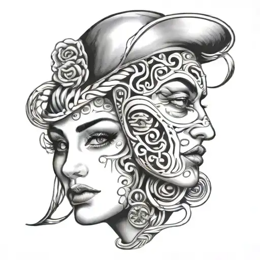 two faces one smiling and one crying eye tattoo design idea