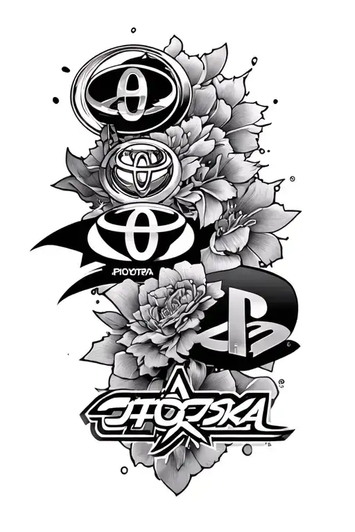 japanese style, add tamiya logo, toyota logo and playstation logo tattoo design idea