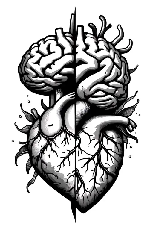 half a brain and half a heart sewn together tattoo design idea