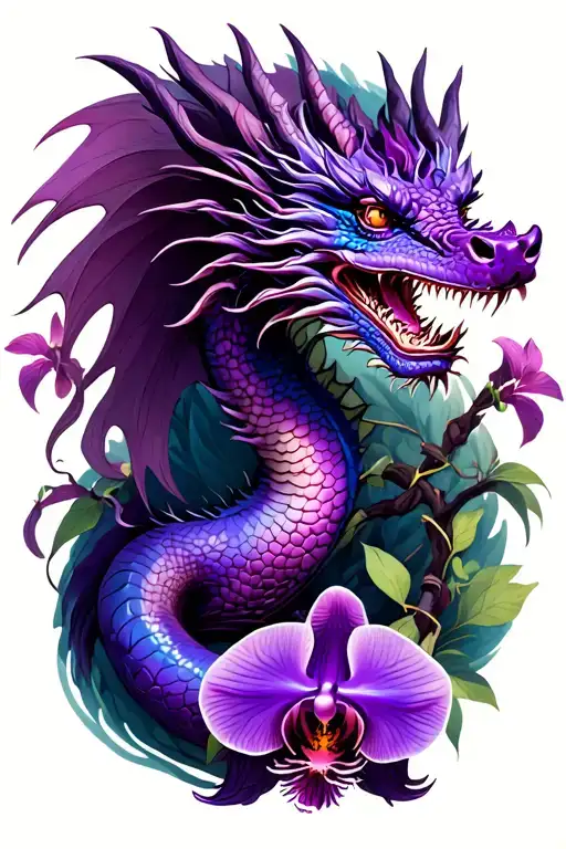  purple dragon with orchid vine wrapping tattoo design idea
